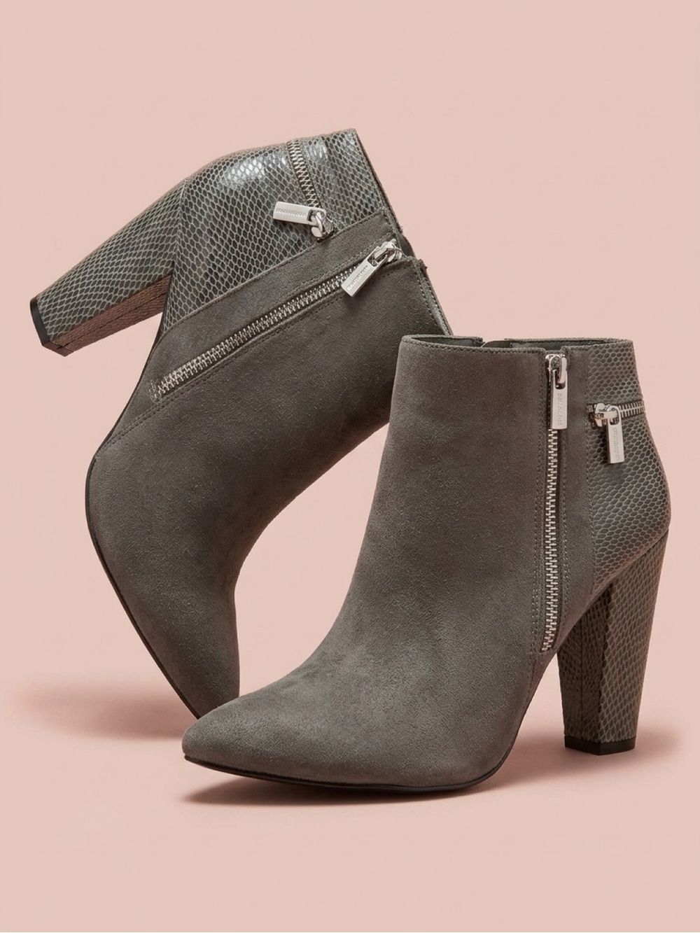 Jennifer Lopez Gray Suede Ankle Booties with Snake-Texture Trim